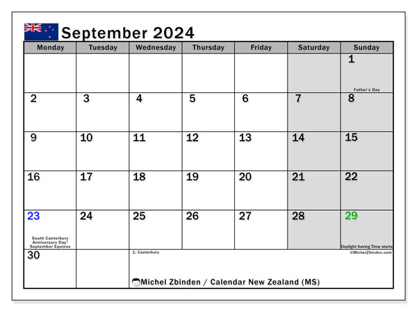 Kalender September 2024, Neuseeland (EN). Programm zum Ausdrucken kostenlos.