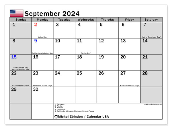 Kalender September 2024, USA (EN). Programm zum Ausdrucken kostenlos.