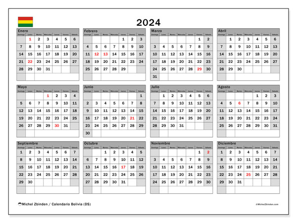 Kalender 2024, Bolivien (ES). Programm zum Ausdrucken kostenlos.
