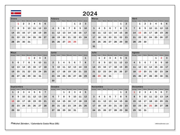 Kalender 2024, Costa Rica (ES). Schema för gratis utskrift.