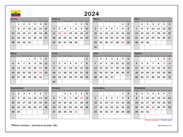 Kalender 2024, Ecuador (ES). Schema för gratis utskrift.