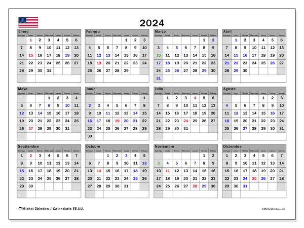 Kalender 2024, USA (ES). Gratis af te drukken agenda.