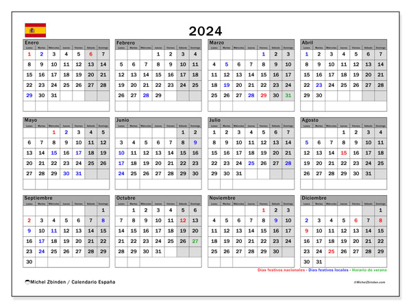 Kalender 2024, Spanien (ES). Programm zum Ausdrucken kostenlos.