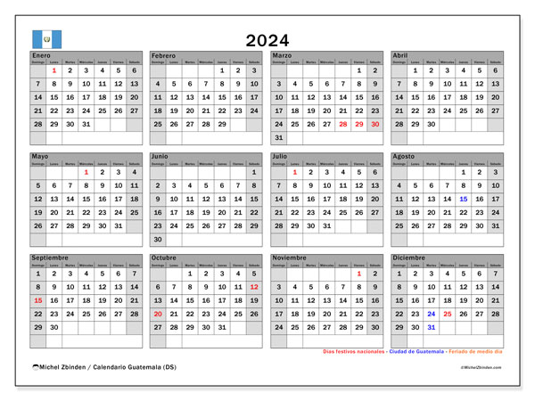 Kalender 2024, Guatemala (ES). Schema för gratis utskrift.