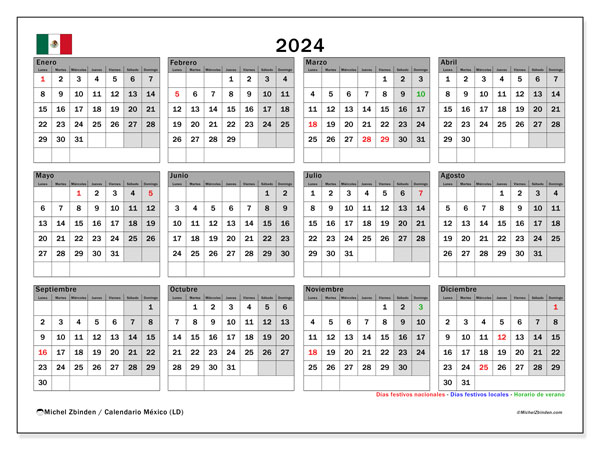 Kalender 2024, Mexiko (ES). Programm zum Ausdrucken kostenlos.