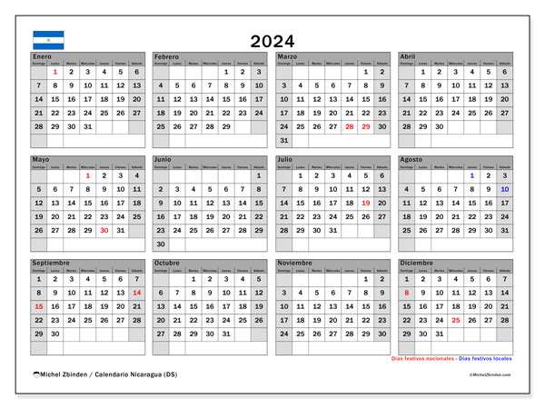 Kalender 2024, Nicaragua (ES). Programm zum Ausdrucken kostenlos.