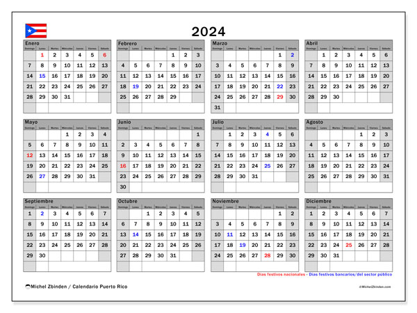 Kalendarz 2024, Puerto Rico (ES). Darmowy dziennik do druku.