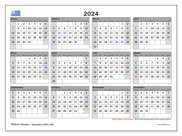 Kalendarz 2024, Urugwaj (ES). Darmowy dziennik do druku.
