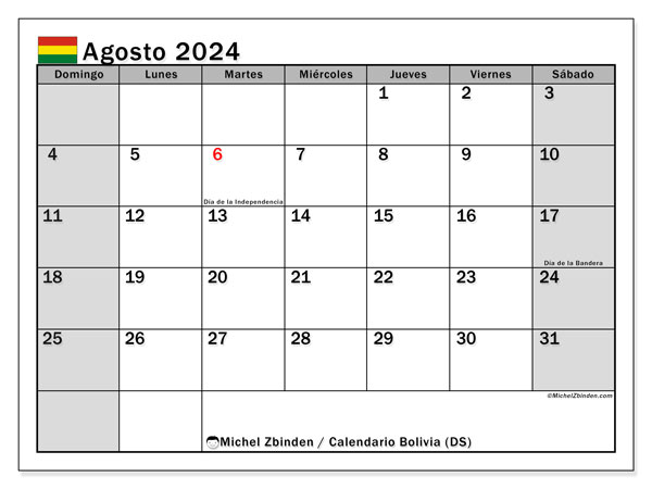 Kalender August 2024, Bolivien (ES). Programm zum Ausdrucken kostenlos.
