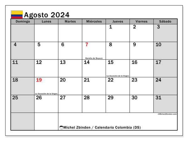 Calendario agosto 2024, Colombia (ES). Piano da stampare gratuito.