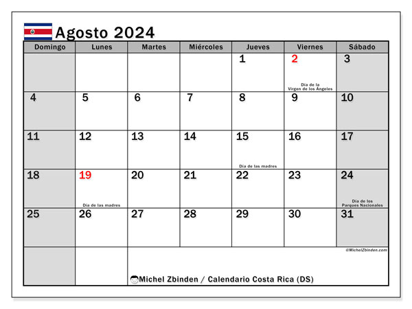Kalender augusti 2024, Costa Rica (ES). Schema för gratis utskrift.