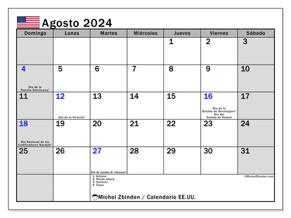 Kalender augusti 2024, USA (ES). Schema för gratis utskrift.
