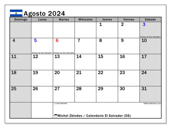 Kalenteri elokuu 2024, El Salvador (ES). Ilmainen tulostettava kartta.