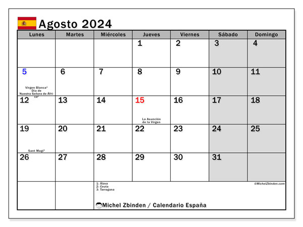 Kalendarz sierpień 2024, Hiszpania (ES). Darmowy program do druku.