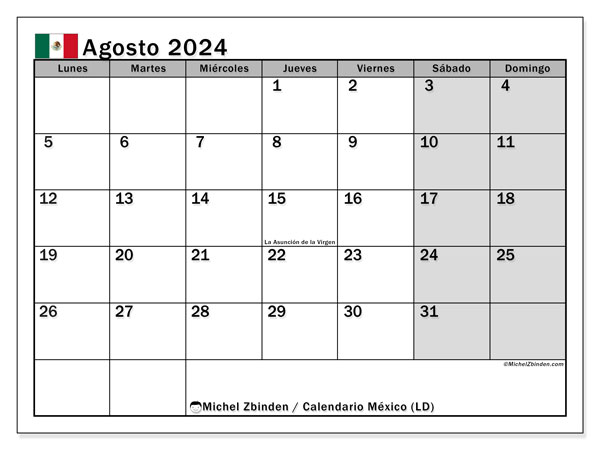 Kalendarz sierpień 2024, Meksyk (ES). Darmowy program do druku.