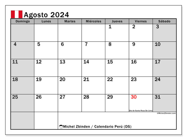 Calendario agosto 2024, Perù (ES). Piano da stampare gratuito.