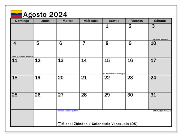 Calendario agosto 2024, Venezuela (ES). Piano da stampare gratuito.