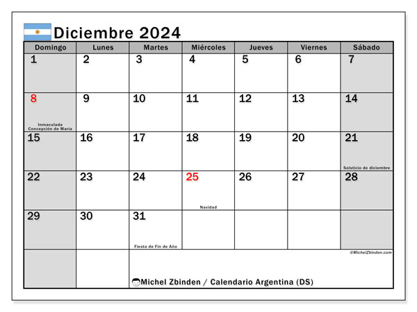 Kalendarz grudzień 2024, Argentyna (ES). Darmowy program do druku.