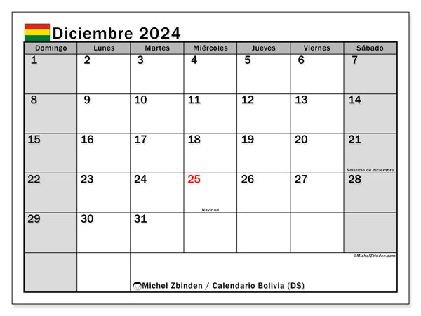 Kalendarz grudzień 2024, Boliwia (ES). Darmowy program do druku.