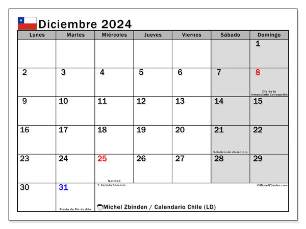 Kalendarz grudzień 2024, Chile (ES). Darmowy program do druku.
