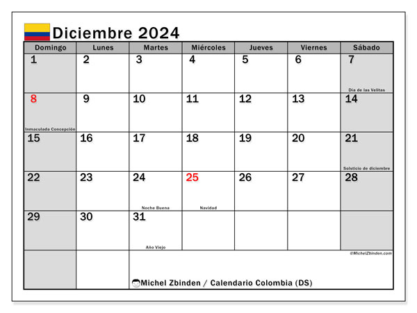 Kalendarz grudzień 2024, Kolumbia (ES). Darmowy program do druku.