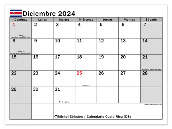Kalendarz grudzień 2024, Kostaryka (ES). Darmowy program do druku.