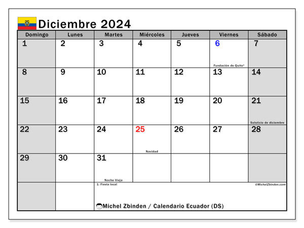 Kalendarz grudzień 2024, Ekwador (ES). Darmowy program do druku.