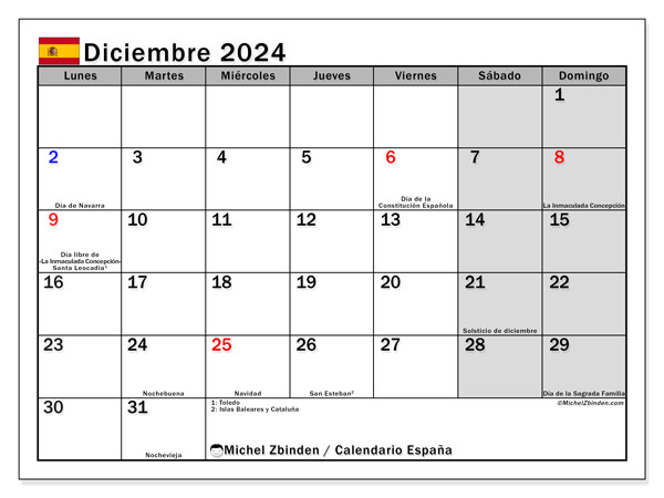 Kalendarz grudzień 2024, Hiszpania (ES). Darmowy program do druku.