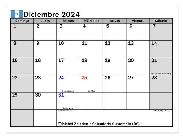 Kalendarz grudzień 2024, Gwatemala (ES). Darmowy program do druku.