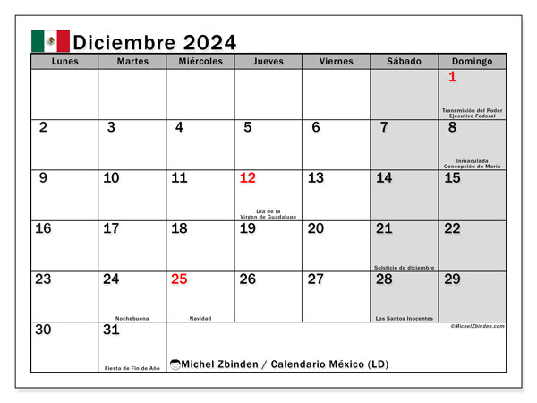 Kalendarz grudzień 2024, Meksyk (ES). Darmowy program do druku.
