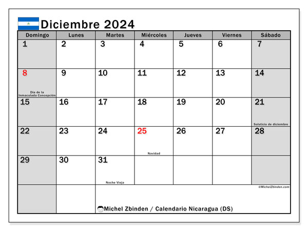 Kalendarz grudzień 2024, Nikaragua (ES). Darmowy program do druku.