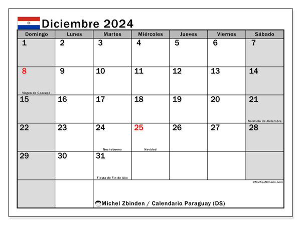 Kalendarz grudzień 2024, Paragwaj (ES). Darmowy program do druku.