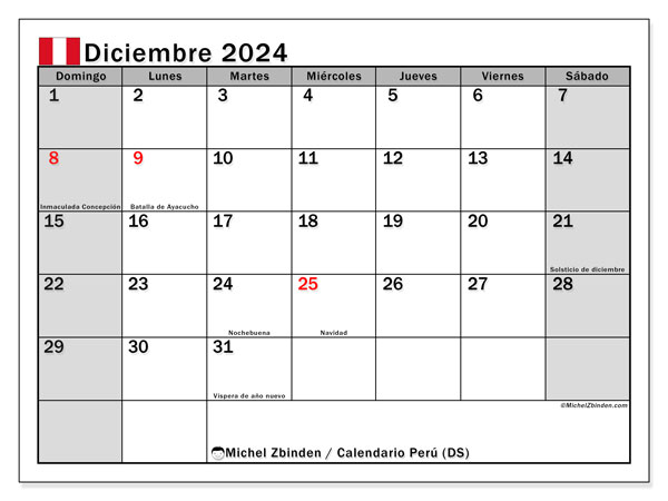 Kalendarz grudzień 2024, Peru (ES). Darmowy program do druku.