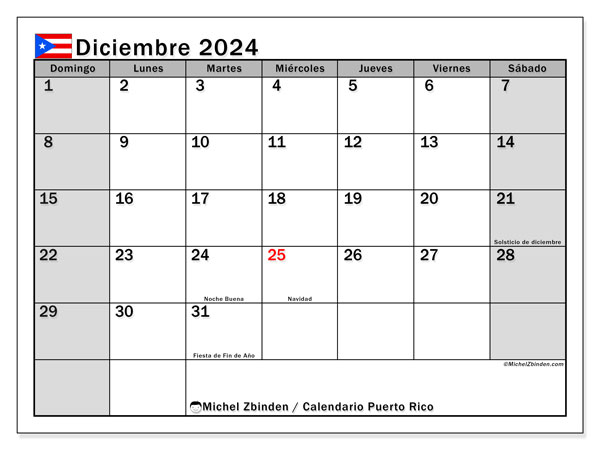 Kalendarz grudzień 2024, Puerto Rico (ES). Darmowy program do druku.