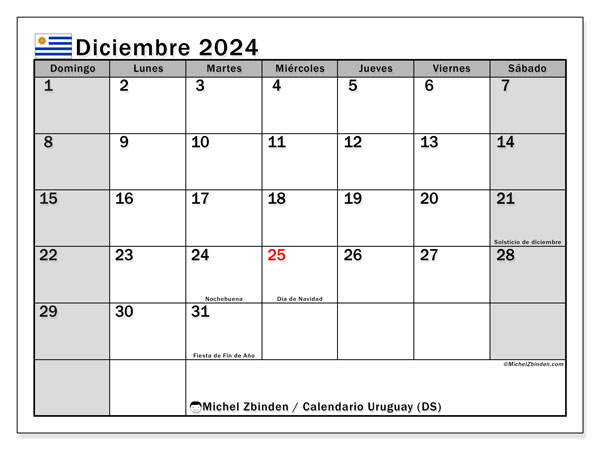 Calendario dicembre 2024, Uruguay (ES). Programma da stampare gratuito.