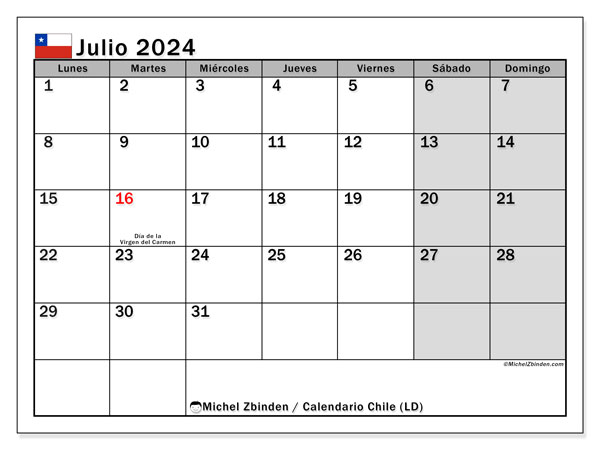 Kalendarz lipiec 2024, Chile (ES). Darmowy program do druku.