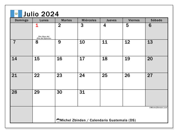 Kalenteri heinäkuu 2024, Guatemala (ES). Ilmainen tulostettava aikataulu.