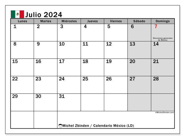 Kalendarz lipiec 2024, Meksyk (ES). Darmowy program do druku.
