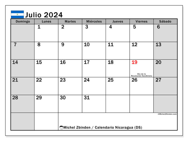 Kalender juli 2024, Nicaragua (ES). Gratis program til print.