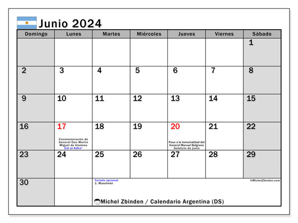 Kalender Juni 2024, Argentinien (ES). Plan zum Ausdrucken kostenlos.