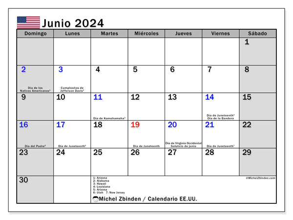 Kalender juni 2024, USA (ES). Gratis plan til print.