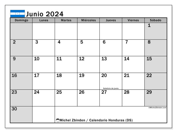 Kalendarz czerwiec 2024, Honduras (ES). Darmowy dziennik do druku.