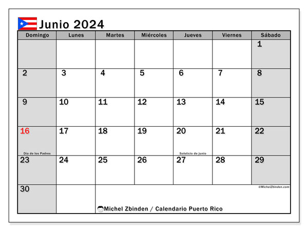Kalender juni 2024, Puerto Rico (ES). Gratis utskrivbart program.