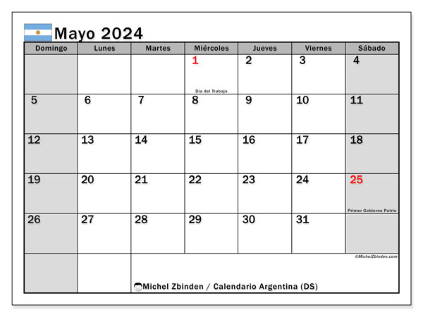 Kalender Mai 2024, Argentinien (ES). Plan zum Ausdrucken kostenlos.