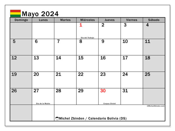Kalendarz maj 2024, Boliwia (ES). Darmowy dziennik do druku.