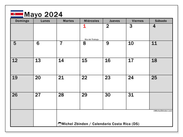Kalendarz maj 2024, Kostaryka (ES). Darmowy dziennik do druku.