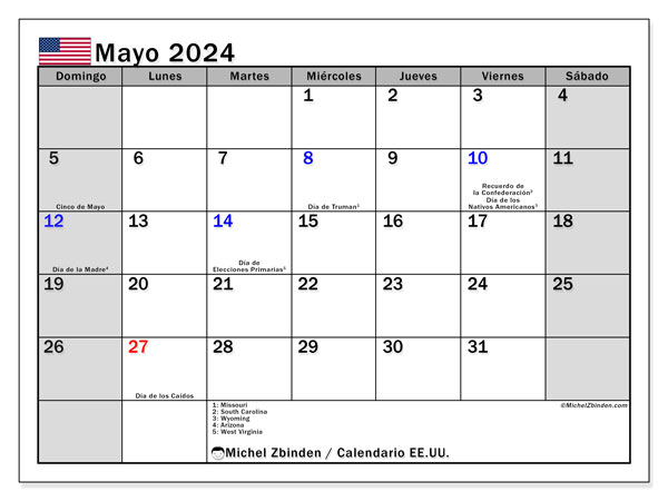 Kalendarz maj 2024, USA (ES). Darmowy dziennik do druku.