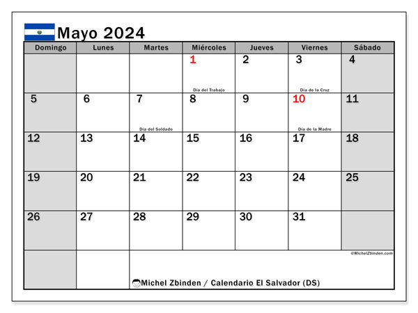 Kalendarz maj 2024, Salwador (ES). Darmowy dziennik do druku.