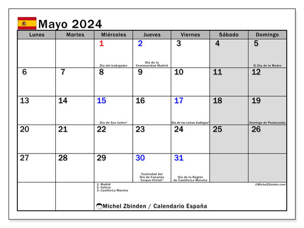 Kalendarz maj 2024, Hiszpania (ES). Darmowy dziennik do druku.