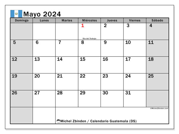 Kalendarz maj 2024, Gwatemala (ES). Darmowy dziennik do druku.